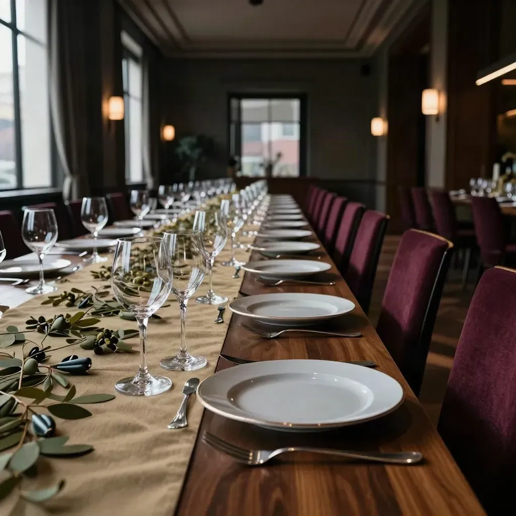 Cena corporativa elegante en hotel madrileño, mesa larga lista y luces suaves.