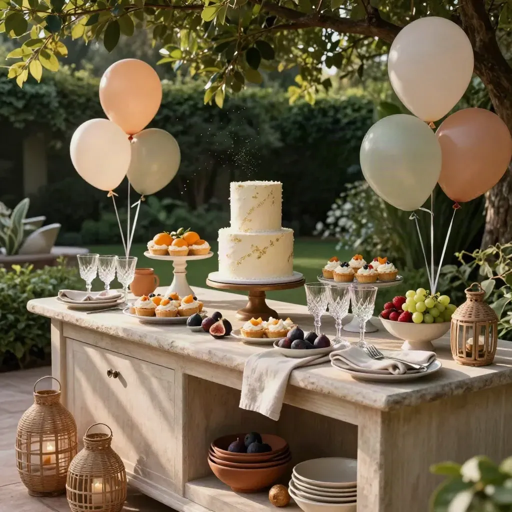 Fiesta familiar en jardín con tarta alta, postres, copas, farolillos y globos suaves.