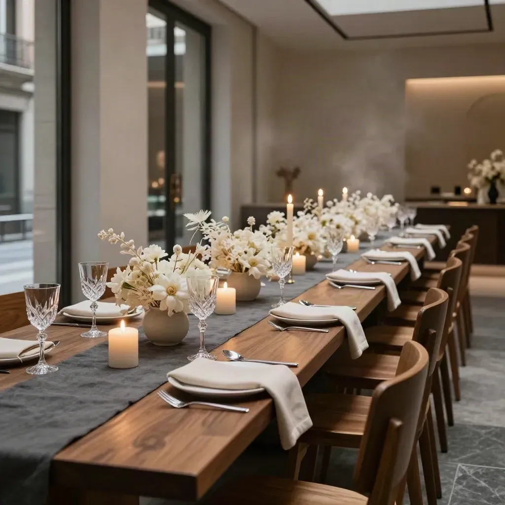 Mesa de cena corporativa en Madrid, lista con velas, copas y flores mínimas junto a luz urbana.
