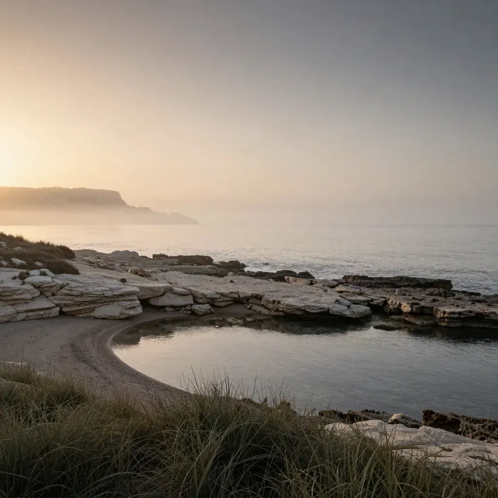 Costa de Levante al amanecer con bruma marina y litoral tranquilo para texto